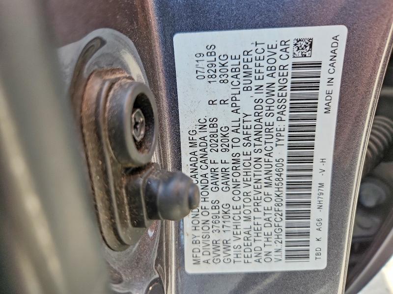 Aukcja sprzedaży 2019 Honda Civic, vin: 2HGFC2F80KH584605, numer aukcji: 54992386