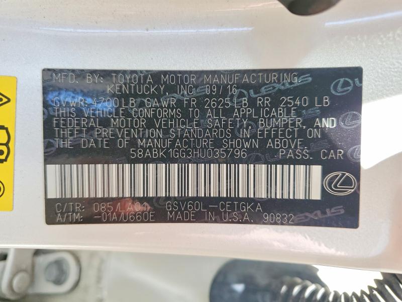 Aukcja sprzedaży 2017 Lexus Es, vin: 58ABK1GG3HU035796, numer aukcji: 53325706
