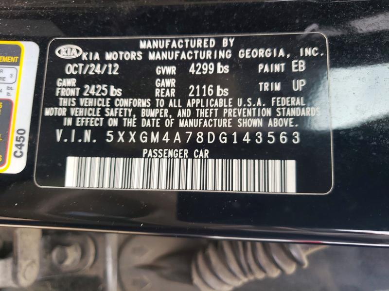 2013 Kia Optima მანქანა იყიდება აუქციონზე, vin: 5XXGM4A78DG143563, აუქციონის ნომერი: 55022396
