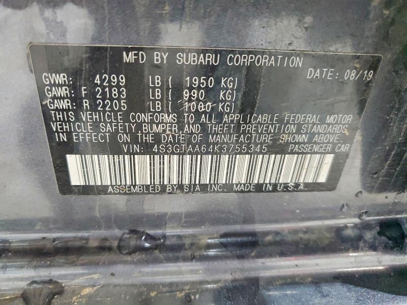 Продаж на аукціоні авто 2019 Subaru Impreza, vin: 4S3GTAA64K3755345, номер лоту: 52199906