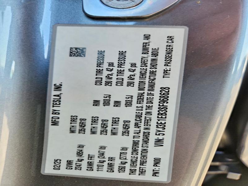 2025 Tesla Model 3 მანქანა იყიდება აუქციონზე, vin: 5YJ3E1EB3SF968628, აუქციონის ნომერი: 52418816