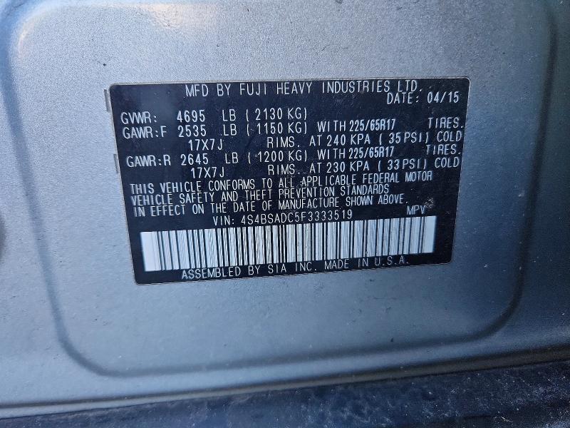 Продажа на аукционе авто 2015 Subaru Outback, vin: 4S4BSADC5F3333519, номер лота: 51959786