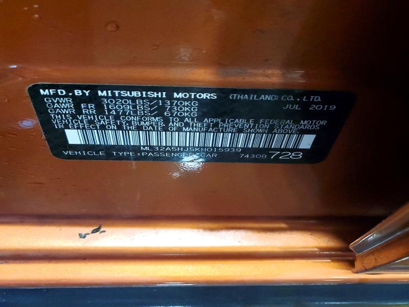 2019 Mitsubishi Mirage მანქანა იყიდება აუქციონზე, vin: ML32A5HJ5KH015939, აუქციონის ნომერი: 53978496