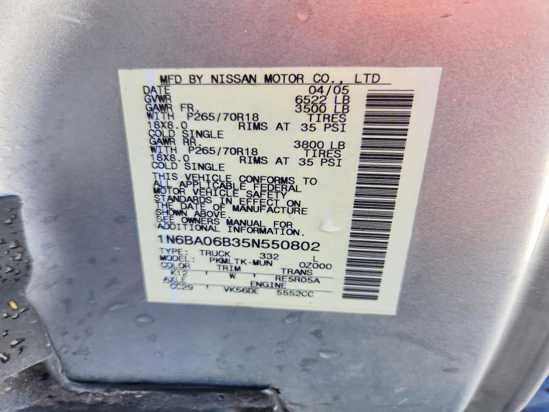 2005 Nissan Titan მანქანა იყიდება აუქციონზე, vin: 1N6BA06B35N550802, აუქციონის ნომერი: 52307656