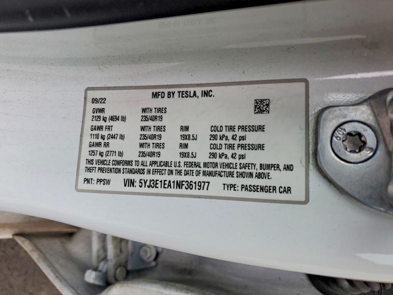 2022 Tesla Model 3 მანქანა იყიდება აუქციონზე, vin: 5YJ3E1EA1NF361977, აუქციონის ნომერი: 52386626
