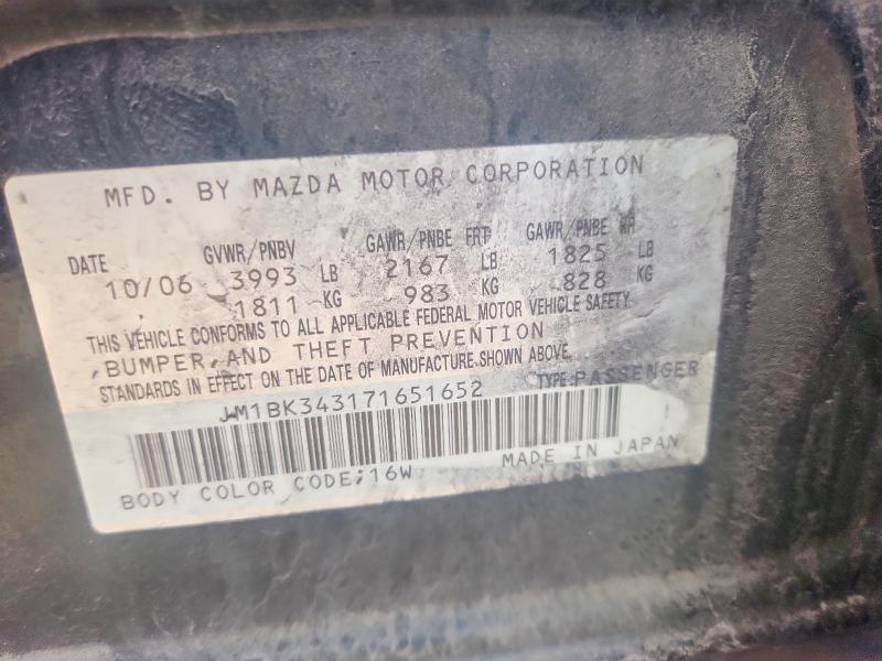 Продажа на аукционе авто 2007 Mazda 3, vin: JM1BK343171651652, номер лота: 53980086