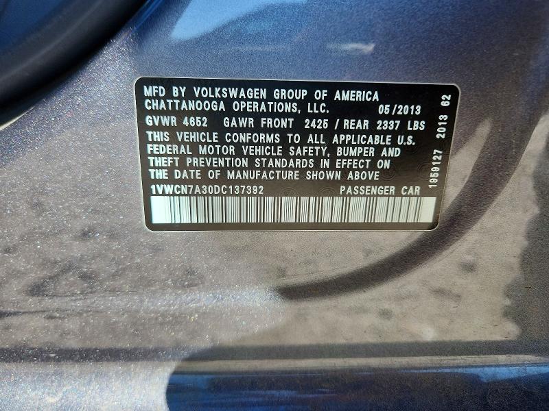 52589806 :رقم المزاد ، 1VWCN7A30DC137392 vin ، 2013 Volkswagen Passat مزاد بيع