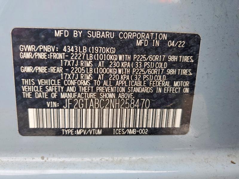 Aukcja sprzedaży 2022 Subaru Crosstrek, vin: JF2GTABC2NH258470, numer aukcji: 54962816