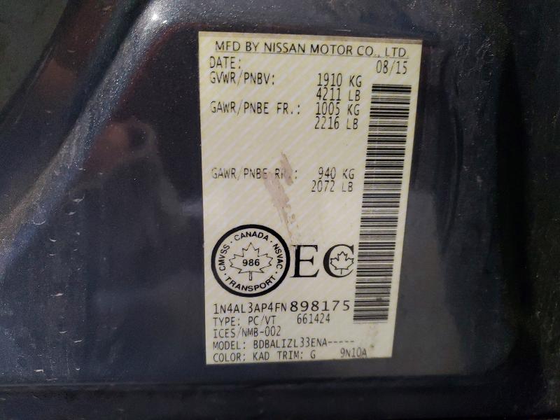 2015 Nissan Altima მანქანა იყიდება აუქციონზე, vin: 1N4AL3AP4FN898175, აუქციონის ნომერი: 55238646