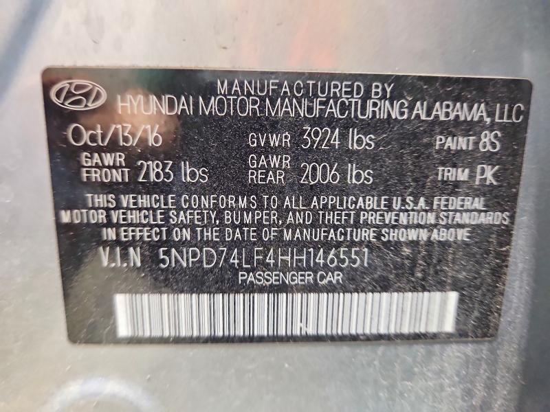 53608236 :رقم المزاد ، 5NPD74LF4HH146551 vin ، 2017 Hyundai Elantra مزاد بيع