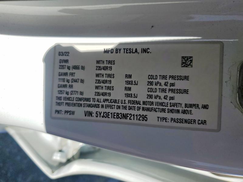 Продажа на аукционе авто 2022 Tesla Model 3, vin: 5YJ3E1EB3NF211295, номер лота: 53852806
