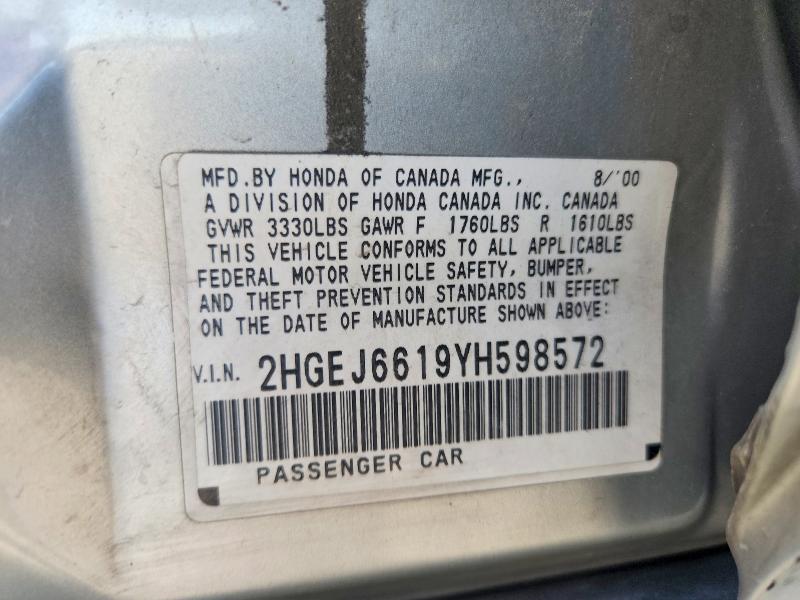 Aukcja sprzedaży 2000 Honda Civic, vin: 2HGEJ6619YH598572, numer aukcji: 50172256
