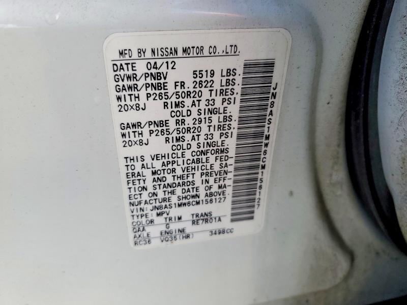 52810886 :رقم المزاد ، JN8AS1MW6CM156127 vin ، 2012 Infiniti Fx35 مزاد بيع