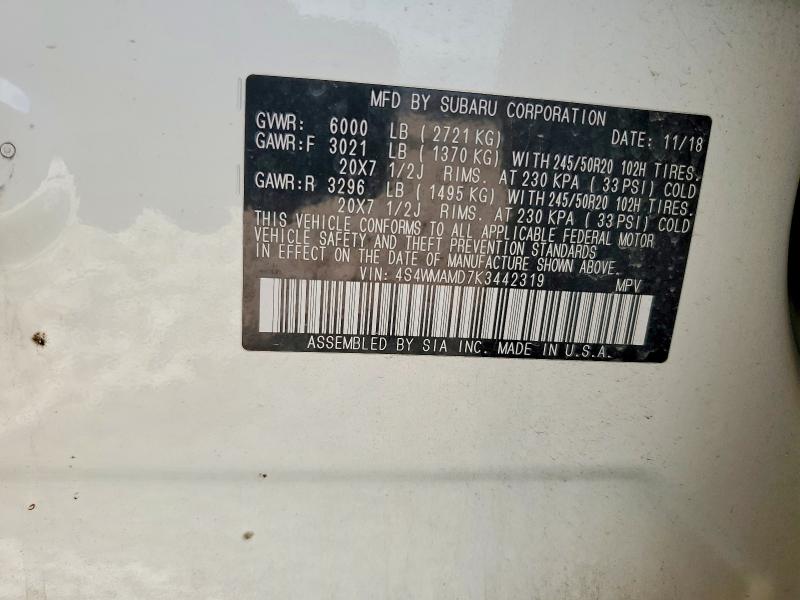 Продажа на аукционе авто 2019 Subaru Ascent, vin: 4S4WMAMD7K3442319, номер лота: 52533116