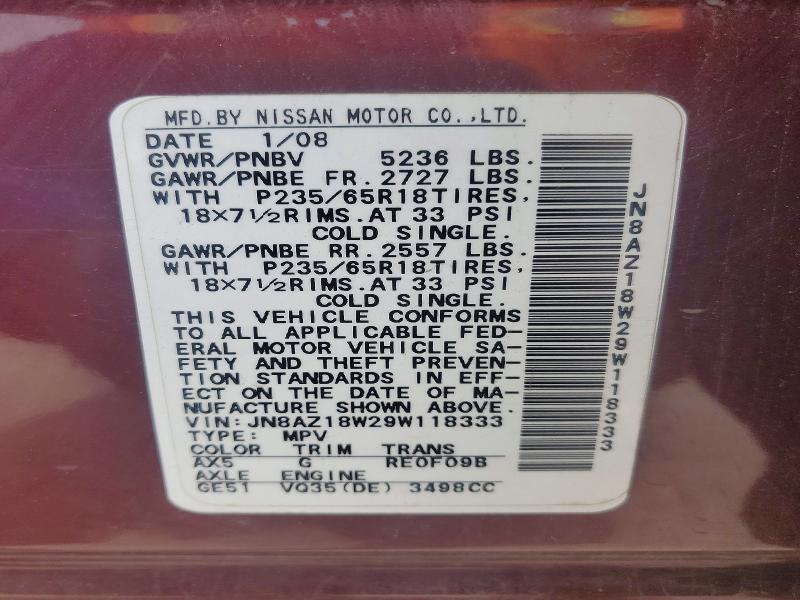 52301036 :رقم المزاد ، JN8AZ18W29W118333 vin ، 2009 Nissan Murano مزاد بيع