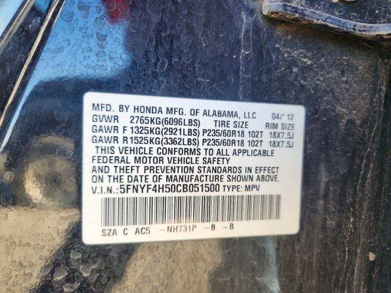 Продажа на аукционе авто 2012 Honda Pilot, vin: 5FNYF4H50CB051500, номер лота: 52779456