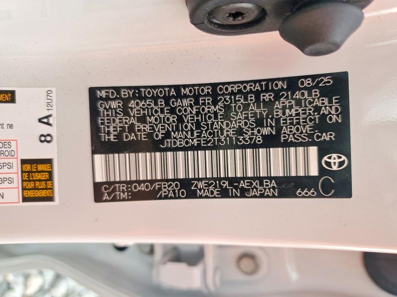 2026 Toyota Corolla Hybrid მანქანა იყიდება აუქციონზე, vin: JTDBCMFE2T3113378, აუქციონის ნომერი: 54295346