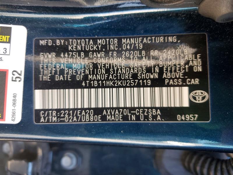 53592976 :رقم المزاد ، 4T1B11HK2KU257119 vin ، 2019 Toyota Camry مزاد بيع