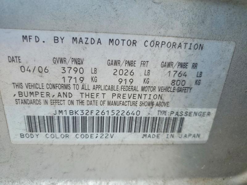 Aukcja sprzedaży 2006 Mazda 3, vin: JM1BK32F261522640, numer aukcji: 52511956