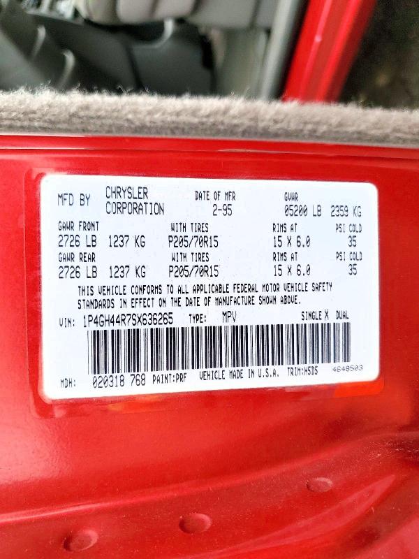53931016 :رقم المزاد ، 1P4GH44R7SX636265 vin ، 1995 Plymouth Grand Voyager مزاد بيع