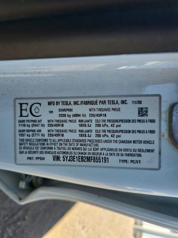 Продажа на аукционе авто 2021 Tesla Model 3, vin: 5YJ3E1EB2MF855191, номер лота: 52890346