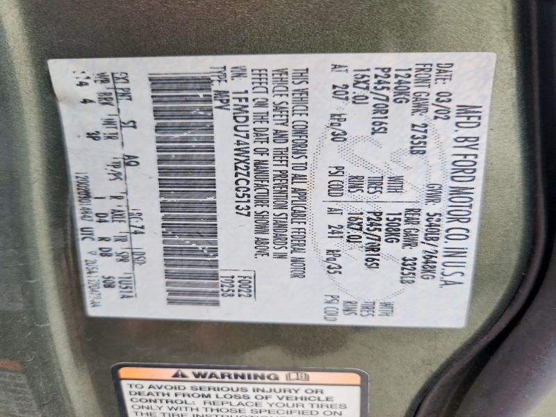 2002 Ford Explorer მანქანა იყიდება აუქციონზე, vin: 1FMDU74WX2ZC05137, აუქციონის ნომერი: 54468976