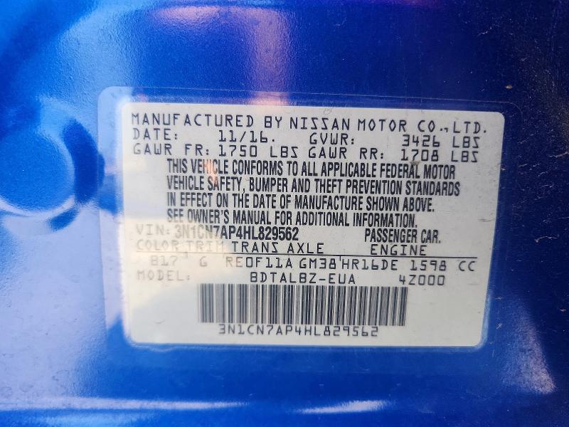 2017 Nissan Versa მანქანა იყიდება აუქციონზე, vin: 3N1CN7AP4HL829562, აუქციონის ნომერი: 53808116