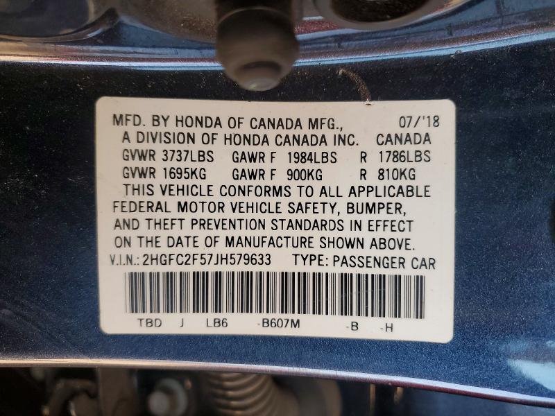 55166816 :رقم المزاد ، 2HGFC2F57JH579633 vin ، 2018 Honda Civic مزاد بيع