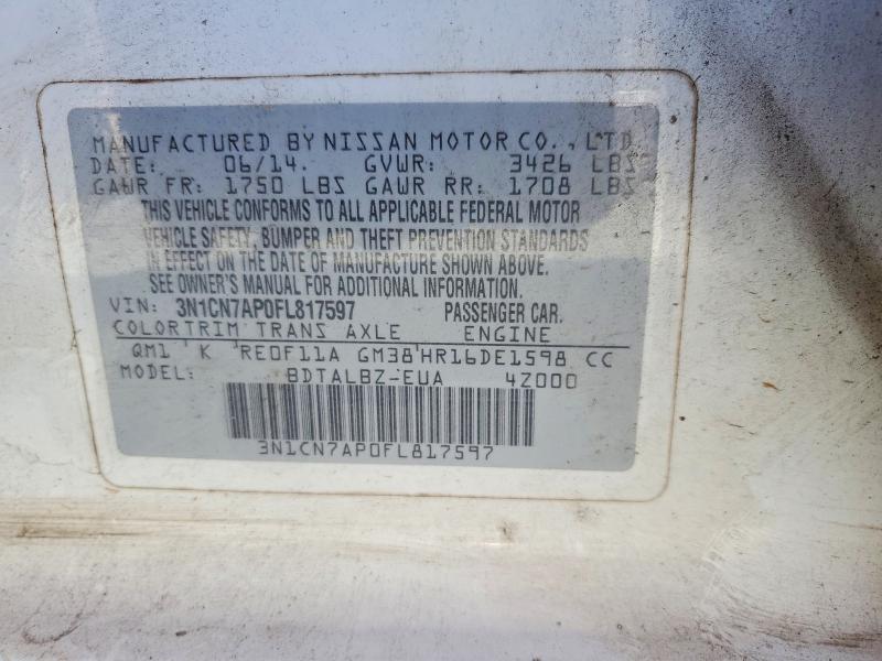2015 Nissan Versa მანქანა იყიდება აუქციონზე, vin: 3N1CN7AP0FL817597, აუქციონის ნომერი: 55221976