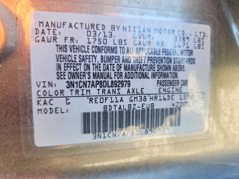 54353606 :رقم المزاد ، 3N1CN7AP8DL892979 vin ، 2013 Nissan Versa مزاد بيع