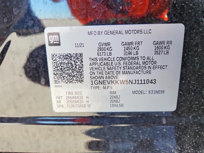 2022 Chevrolet Traverse მანქანა იყიდება აუქციონზე, vin: 1GNEVKKW5NJ111043, აუქციონის ნომერი: 52521206