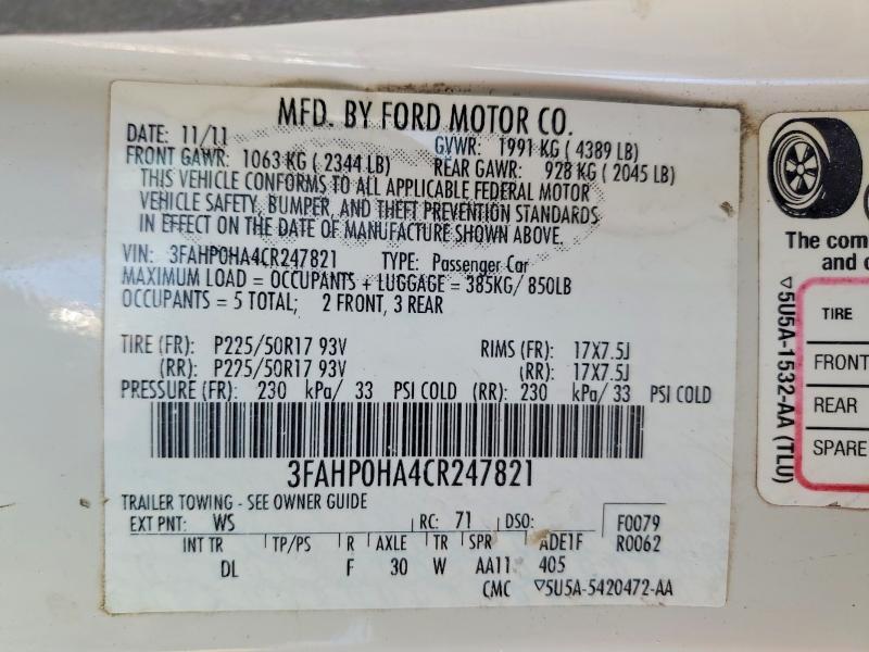 Aukcja sprzedaży 2012 Ford Fusion, vin: 3FAHP0HA4CR247821, numer aukcji: 52969556