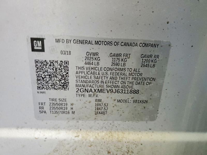 2018 Chevrolet Equinox მანქანა იყიდება აუქციონზე, vin: 2GNAXMEV9J6311888, აუქციონის ნომერი: 52181376