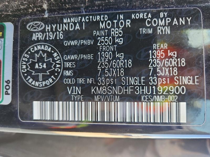 Продаж на аукціоні авто 2017 Hyundai Santa Fe, vin: KM8SNDHF3HU192900, номер лоту: 52751056