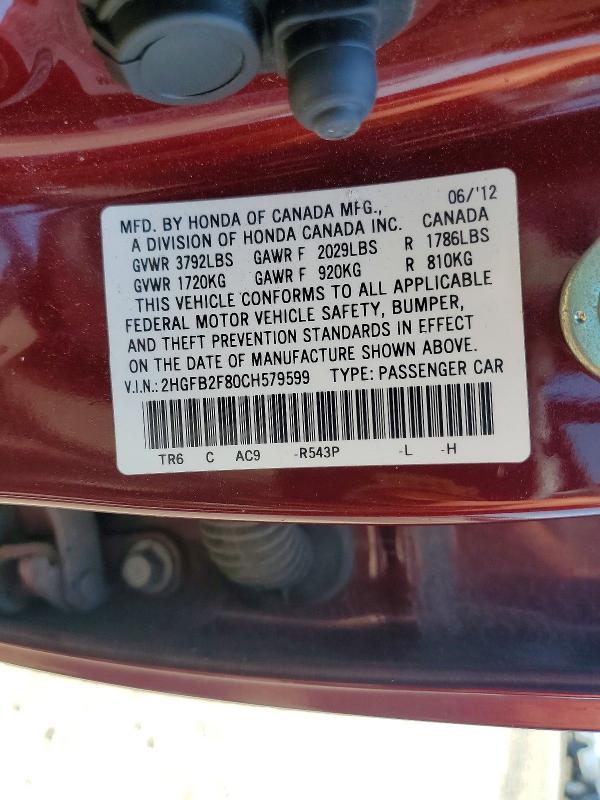 53928426 :رقم المزاد ، 2HGFB2F80CH579599 vin ، 2012 Honda Civic مزاد بيع