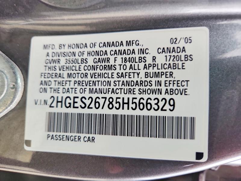 52411896 :رقم المزاد ، 2HGES26785H566329 vin ، 2005 Honda Civic مزاد بيع