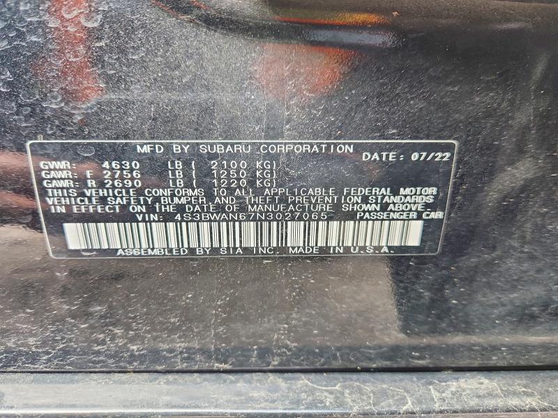 52591606 :رقم المزاد ، 4S3BWAN67N3027065 vin ، 2022 Subaru Legacy مزاد بيع
