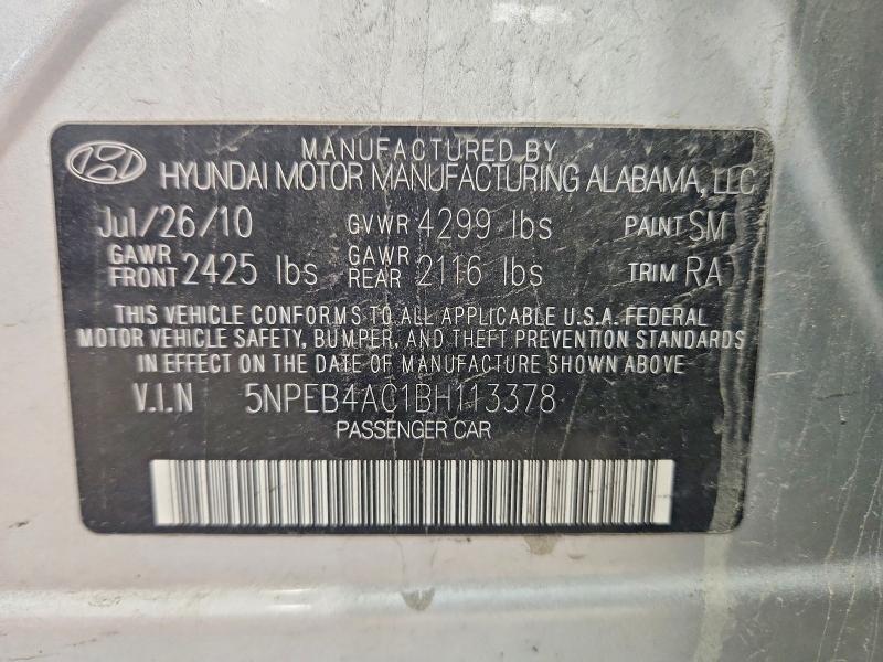 2011 Hyundai Sonata მანქანა იყიდება აუქციონზე, vin: 5NPEB4AC1BH113378, აუქციონის ნომერი: 55322786