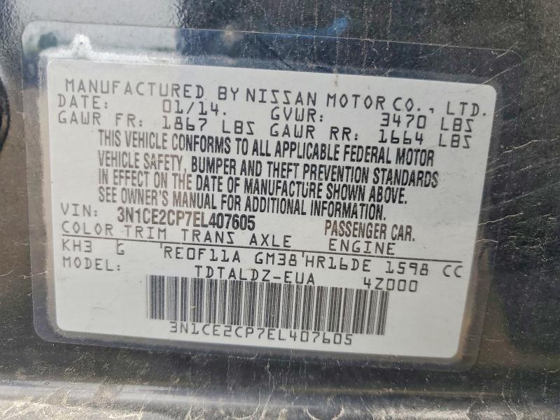 2014 Nissan Versa Note მანქანა იყიდება აუქციონზე, vin: 3N1CE2CP7EL407605, აუქციონის ნომერი: 53259396