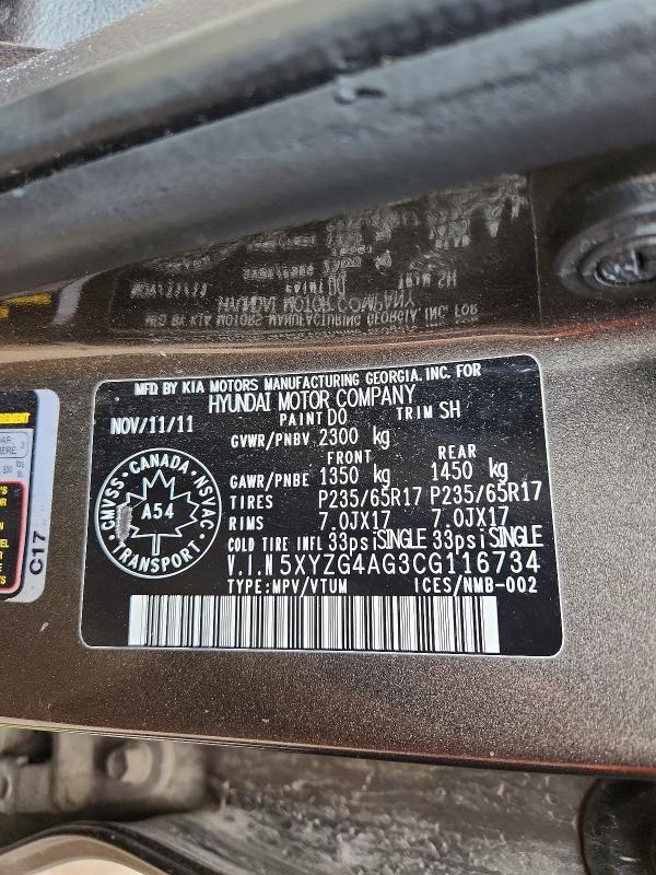 Продажа на аукционе авто 2012 Hyundai Santa Fe, vin: 5XYZG4AG3CG116734, номер лота: 52333746