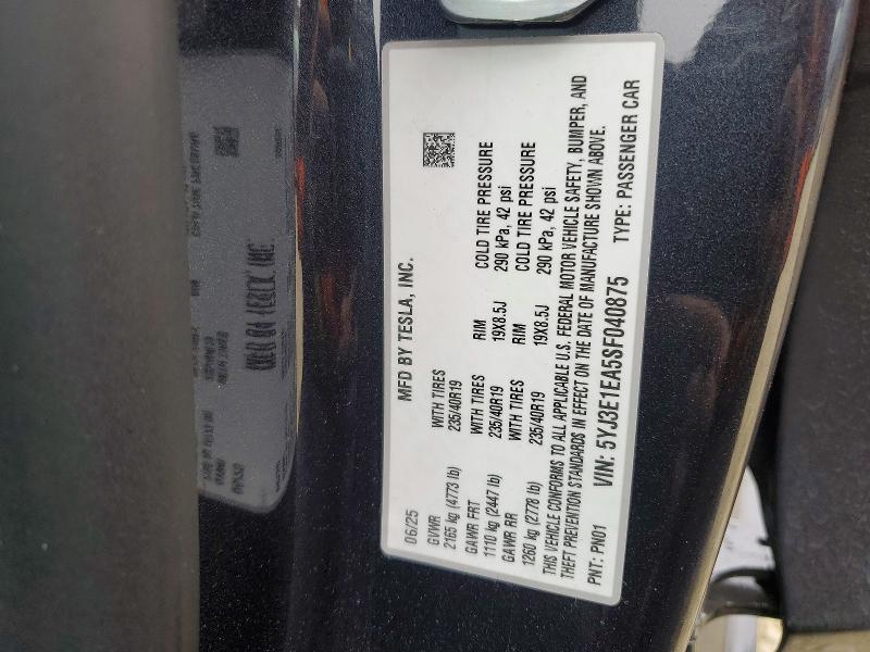 52429006 :رقم المزاد ، 5YJ3E1EA5SF040875 vin ، 2025 Tesla Model 3 مزاد بيع