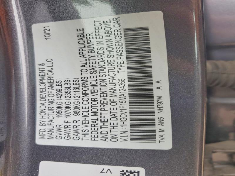 52721686 :رقم المزاد ، 1HGCV1F15MA124366 vin ، 2021 Honda Accord مزاد بيع
