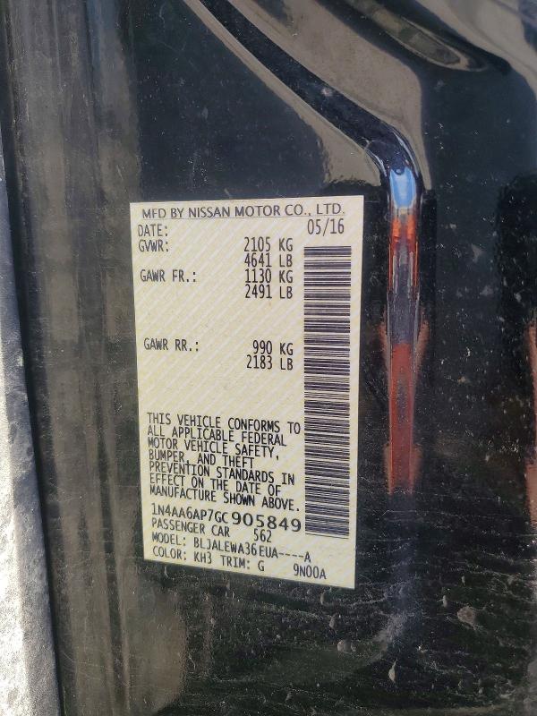 54953686 :رقم المزاد ، 1N4AA6AP7GC905849 vin ، 2016 Nissan Maxima مزاد بيع