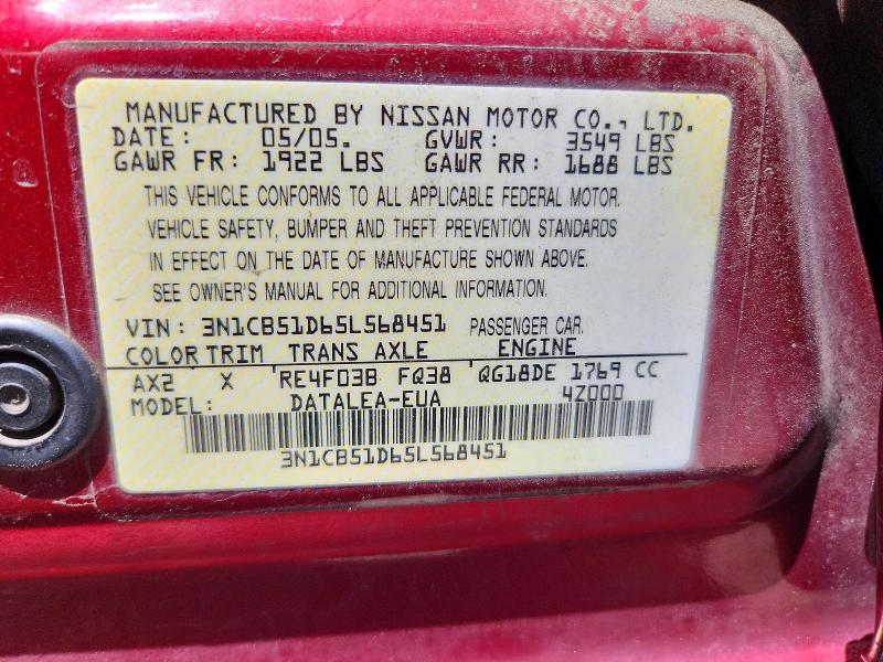 2005 Nissan Sentra მანქანა იყიდება აუქციონზე, vin: 3N1CB51D65L568451, აუქციონის ნომერი: 53604796