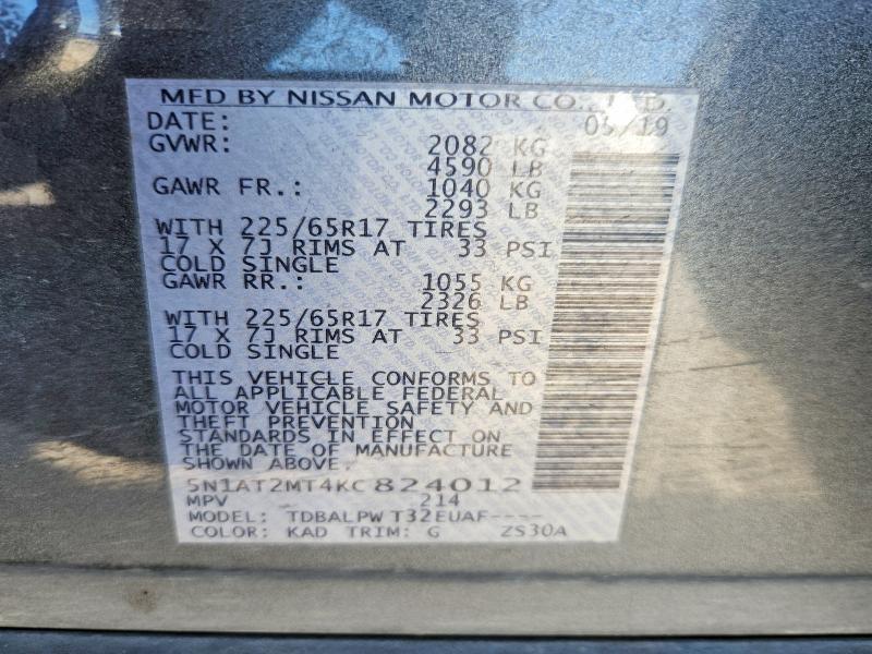 2019 Nissan Rogue მანქანა იყიდება აუქციონზე, vin: 5N1AT2MT4KC824012, აუქციონის ნომერი: 53053306