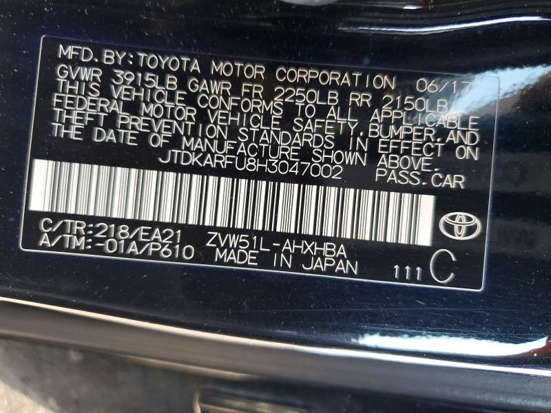 Aukcja sprzedaży 2017 Toyota Prius, vin: JTDKARFU8H3047002, numer aukcji: 52598596