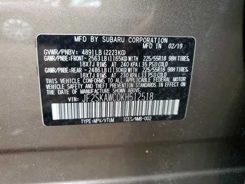 Aukcja sprzedaży 2019 Subaru Forester, vin: JF2SKAWC0KH512518, numer aukcji: 54407116