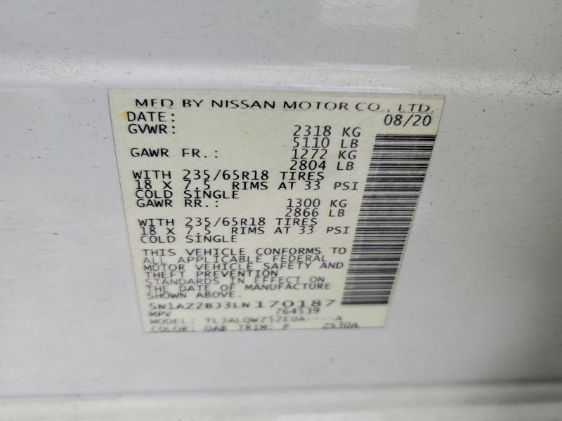 Aukcja sprzedaży 2020 Nissan Murano, vin: 5N1AZ2BJ3LN170187, numer aukcji: 53192666