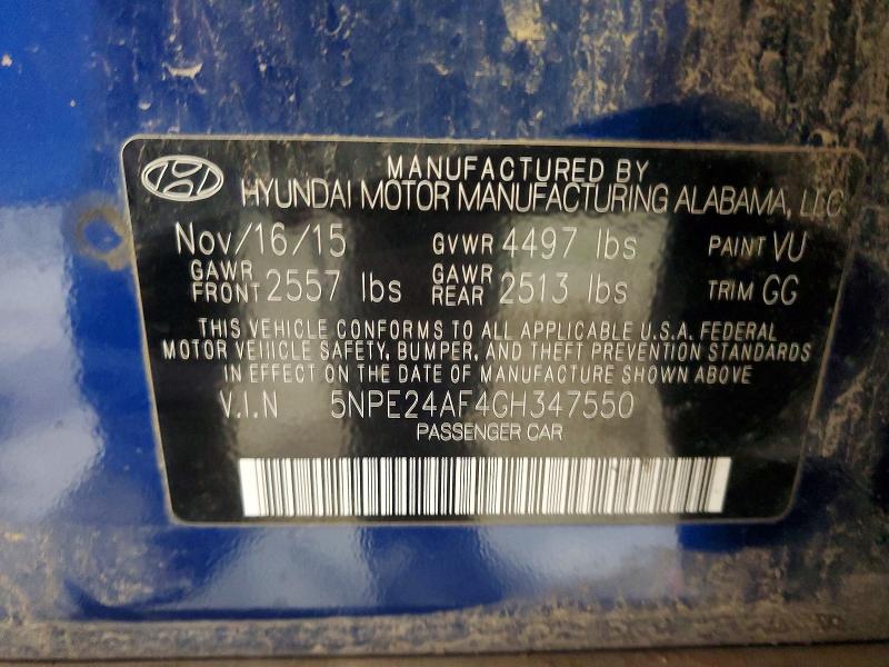Aukcja sprzedaży 2016 Hyundai Sonata, vin: 5NPE24AF4GH347550, numer aukcji: 54881856
