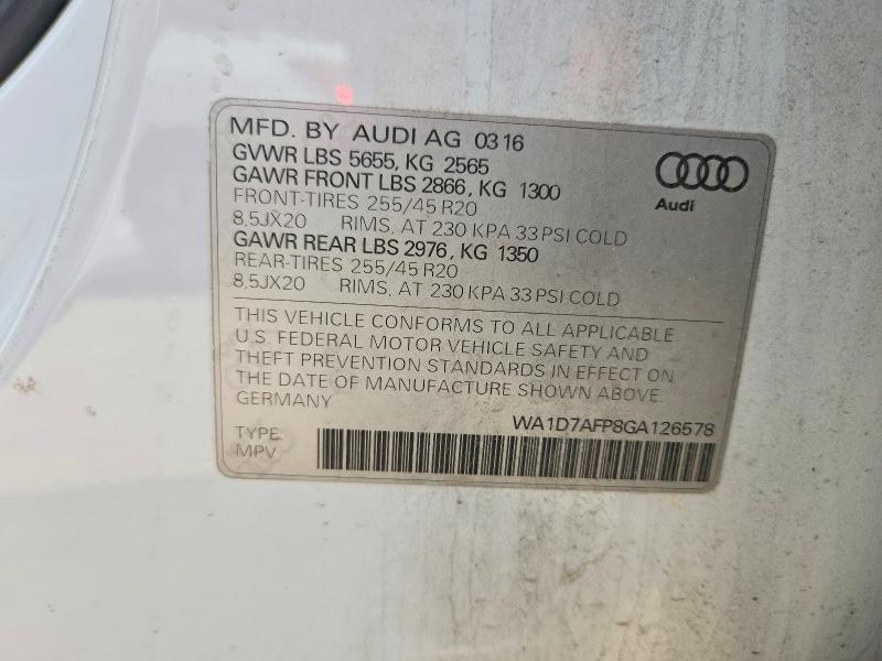 53620736 :رقم المزاد ، WA1D7AFP8GA126578 vin ، 2016 Audi Q5 مزاد بيع